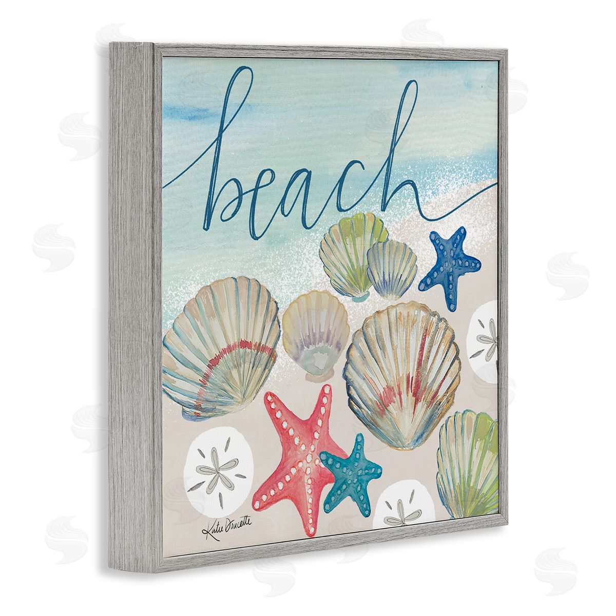 Katie Doucette Beach Calligraphy Seashells Clams Starfish Ocean Foam Gray Framed Glicee Wall Art Print
