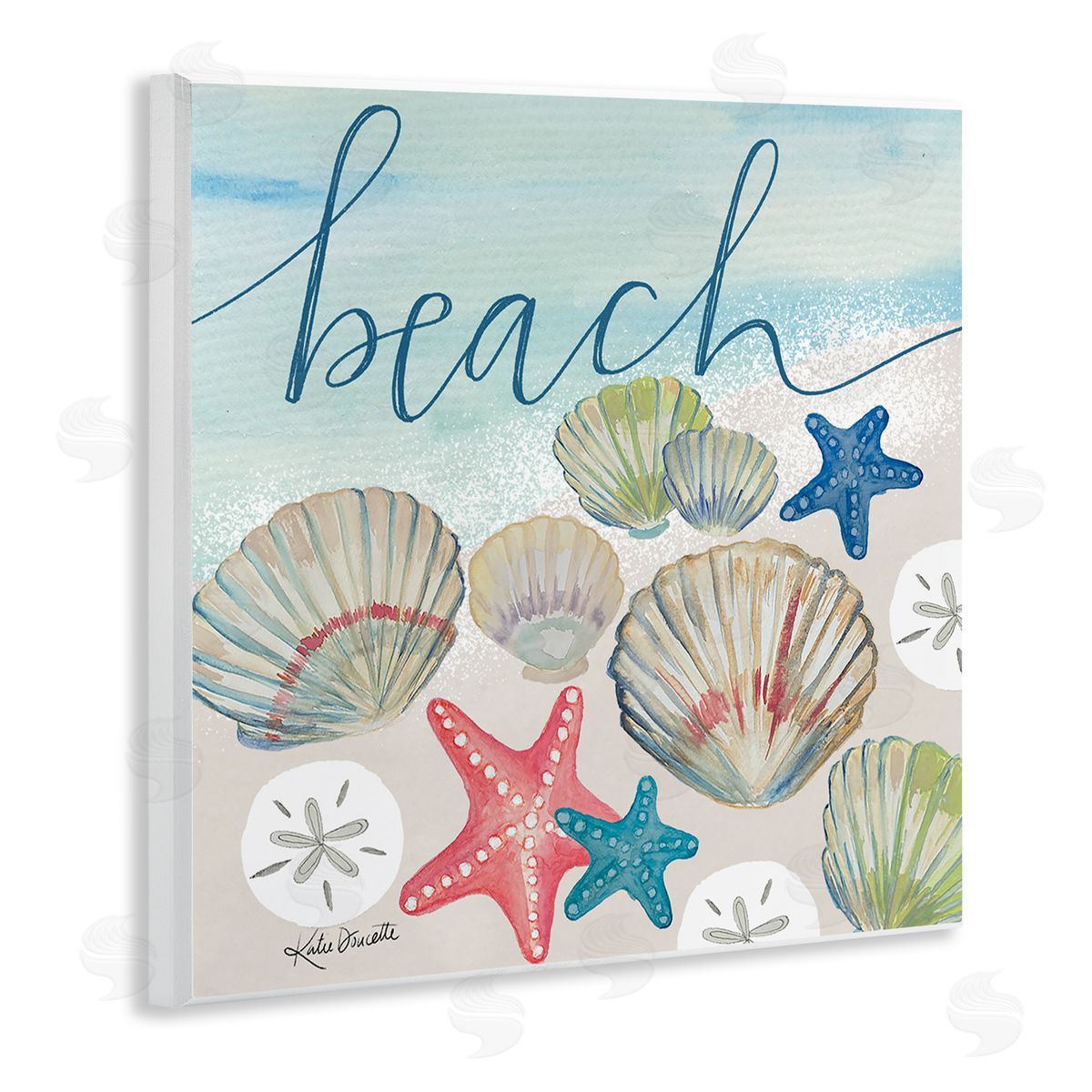Katie Doucette Beach Calligraphy Seashells Clams Starfish Ocean Foam Wooden Wall Plaque Art Print