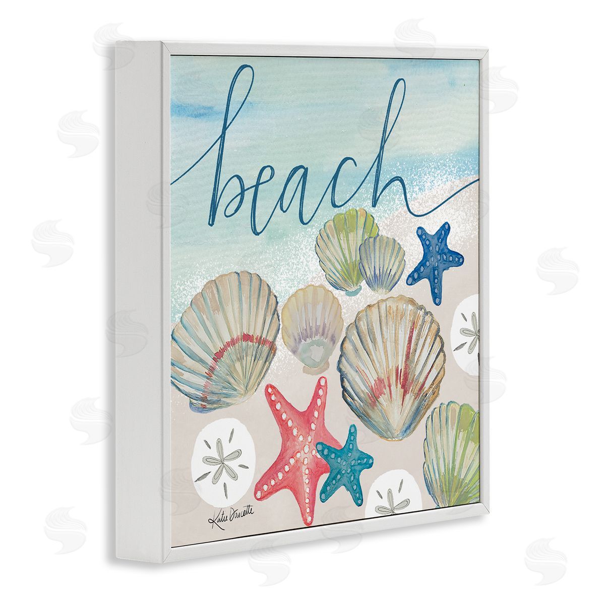 Katie Doucette Beach Calligraphy Seashells Clams Starfish Ocean Foam White Framed Glicee Wall Art Print