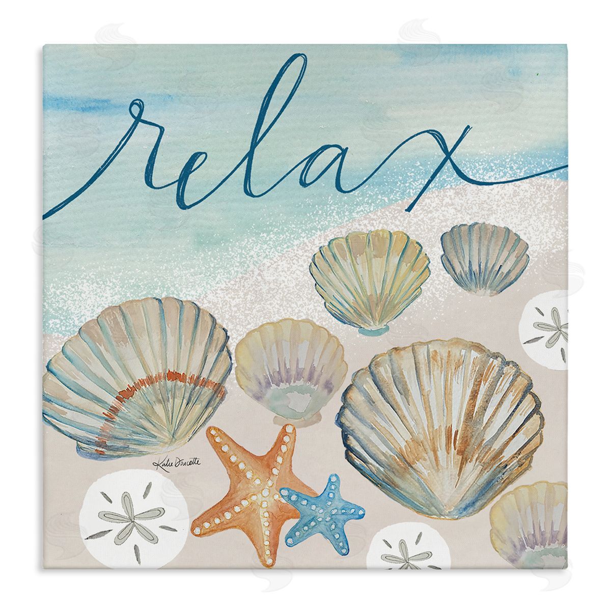 Katie Doucette Relax Text Seaside Clams Beach Shore Theme  Stretched Canvas Wall Art Print