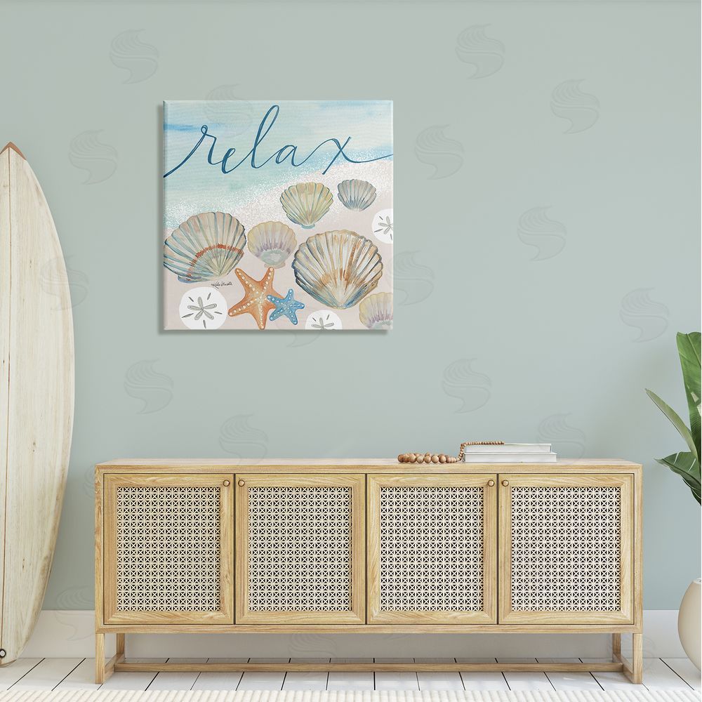 Katie Doucette Relax Text Seaside Clams Beach Shore Theme  Canvas Wall Art in Room