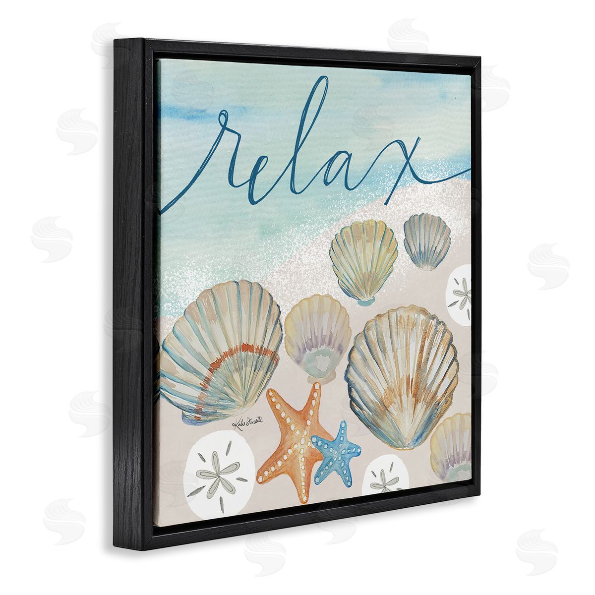Katie Doucette Relax Text Seaside Clams Beach Shore Theme  Black Floating Frame Canvas Wall Art Print