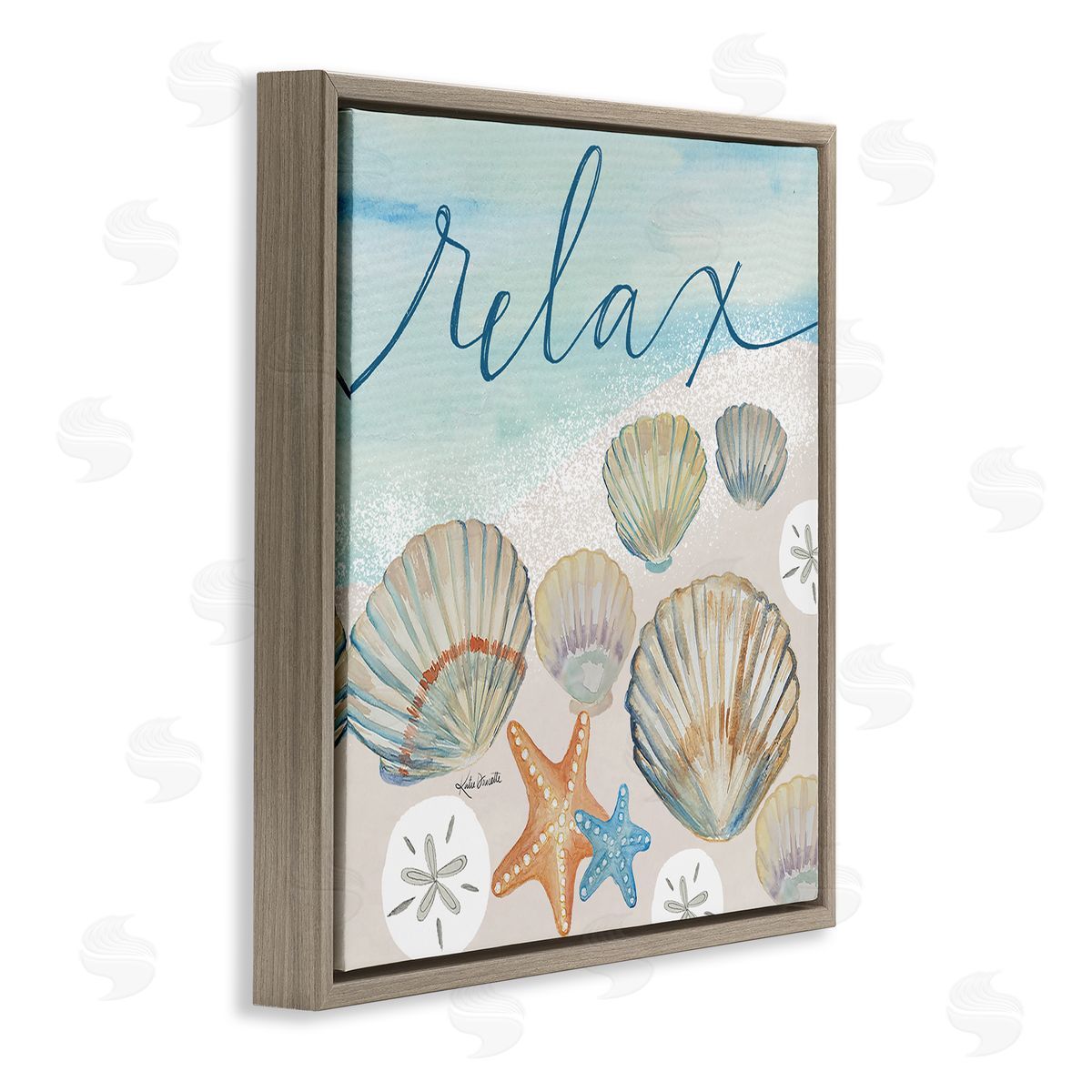 Katie Doucette Relax Text Seaside Clams Beach Shore Theme  Brown Floating Frame Canvas Wall Art Print