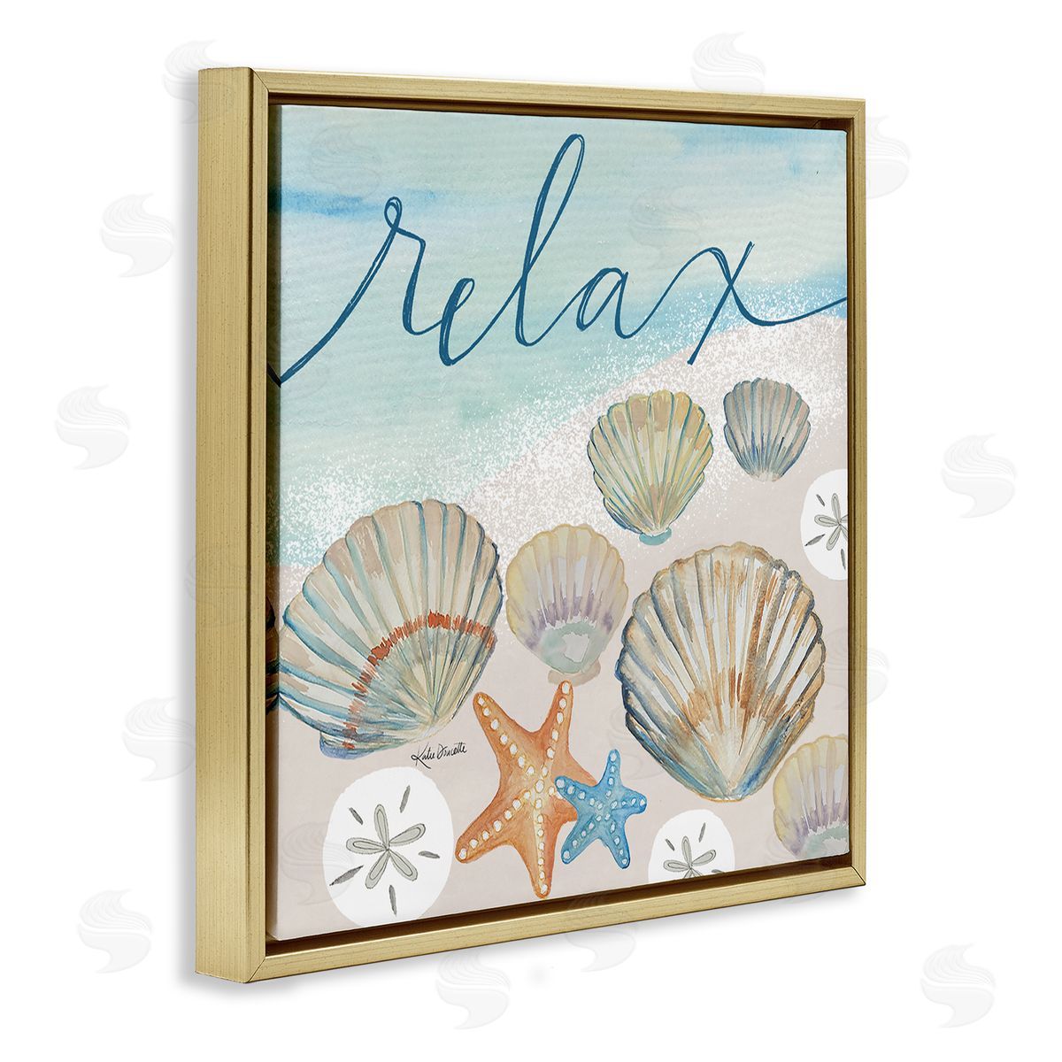 Katie Doucette Relax Text Seaside Clams Beach Shore Theme  Gold Floating Frame Canvas Wall Art Print