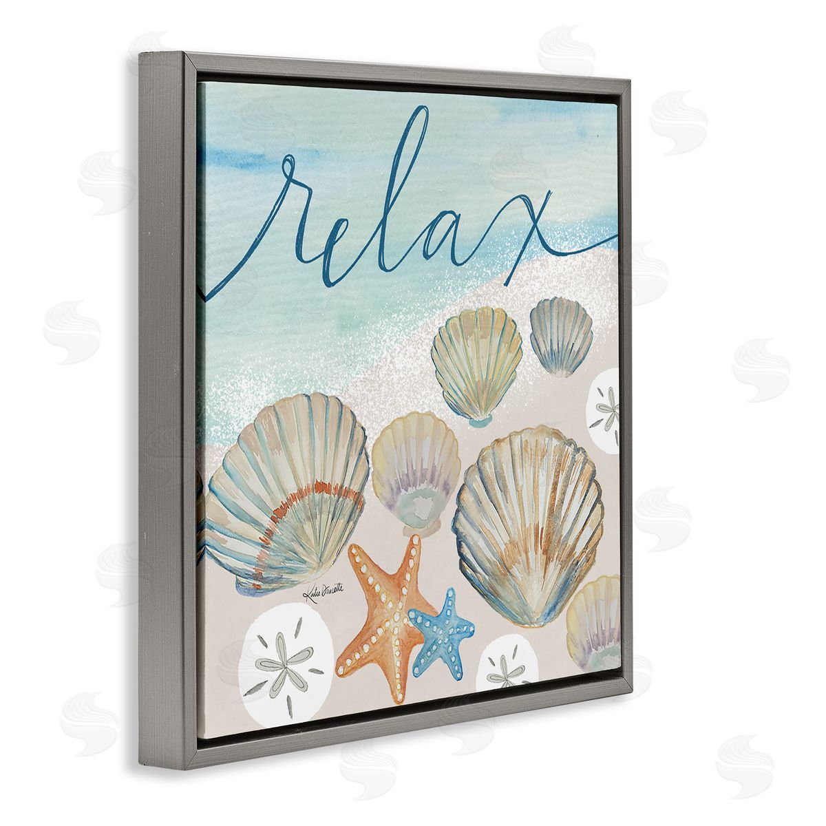 Katie Doucette Relax Text Seaside Clams Beach Shore Theme  Gray Floating Frame Canvas Wall Art Print