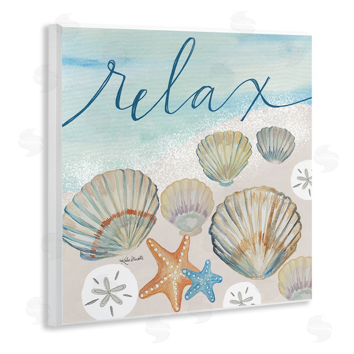 Katie Doucette Relax Text Seaside Clams Beach Shore Theme  Wooden Wall Plaque Art Print
