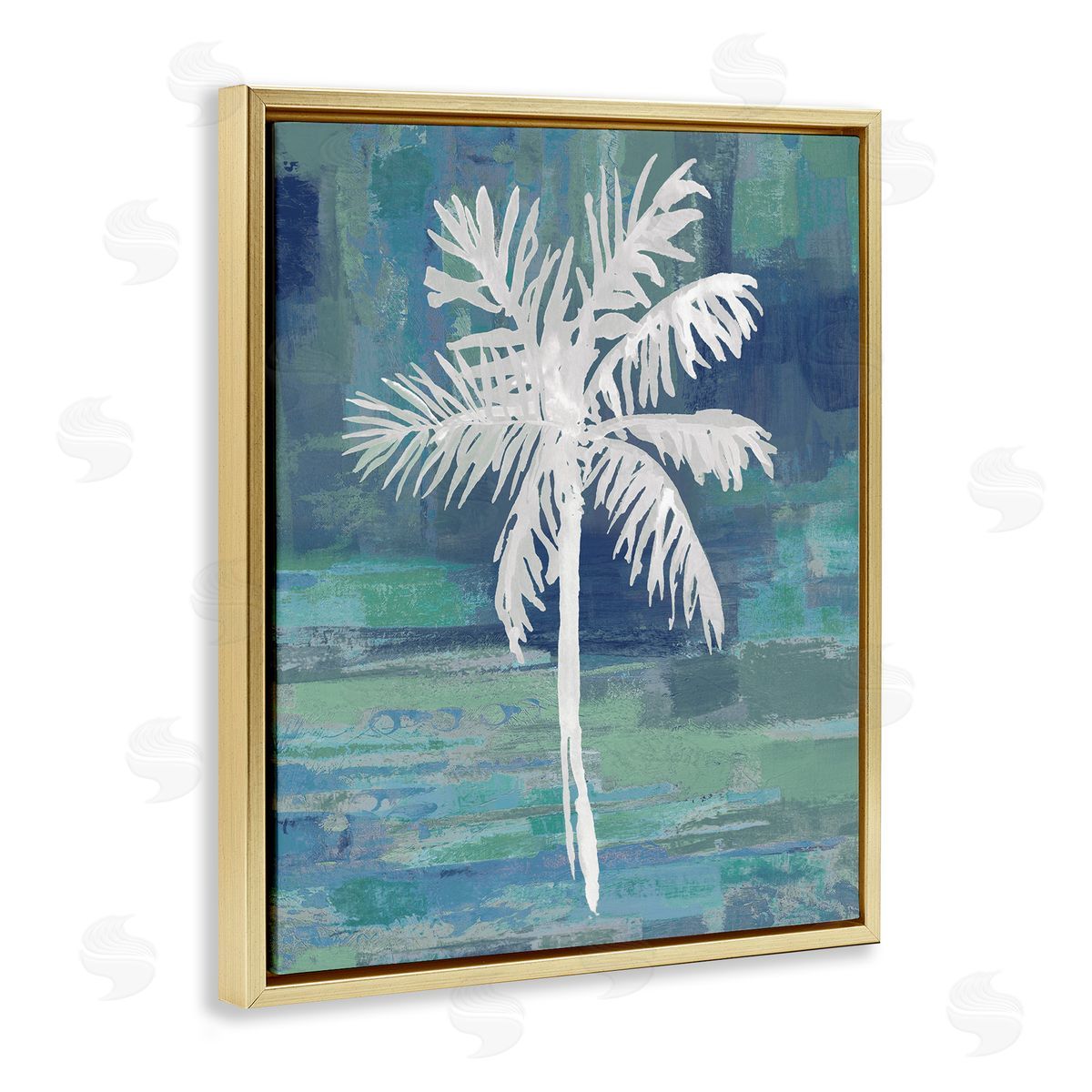 Kristen Drew White Palm Tree Leaves Abstract Green  Gold Floating Frame Canvas Wall Art Print