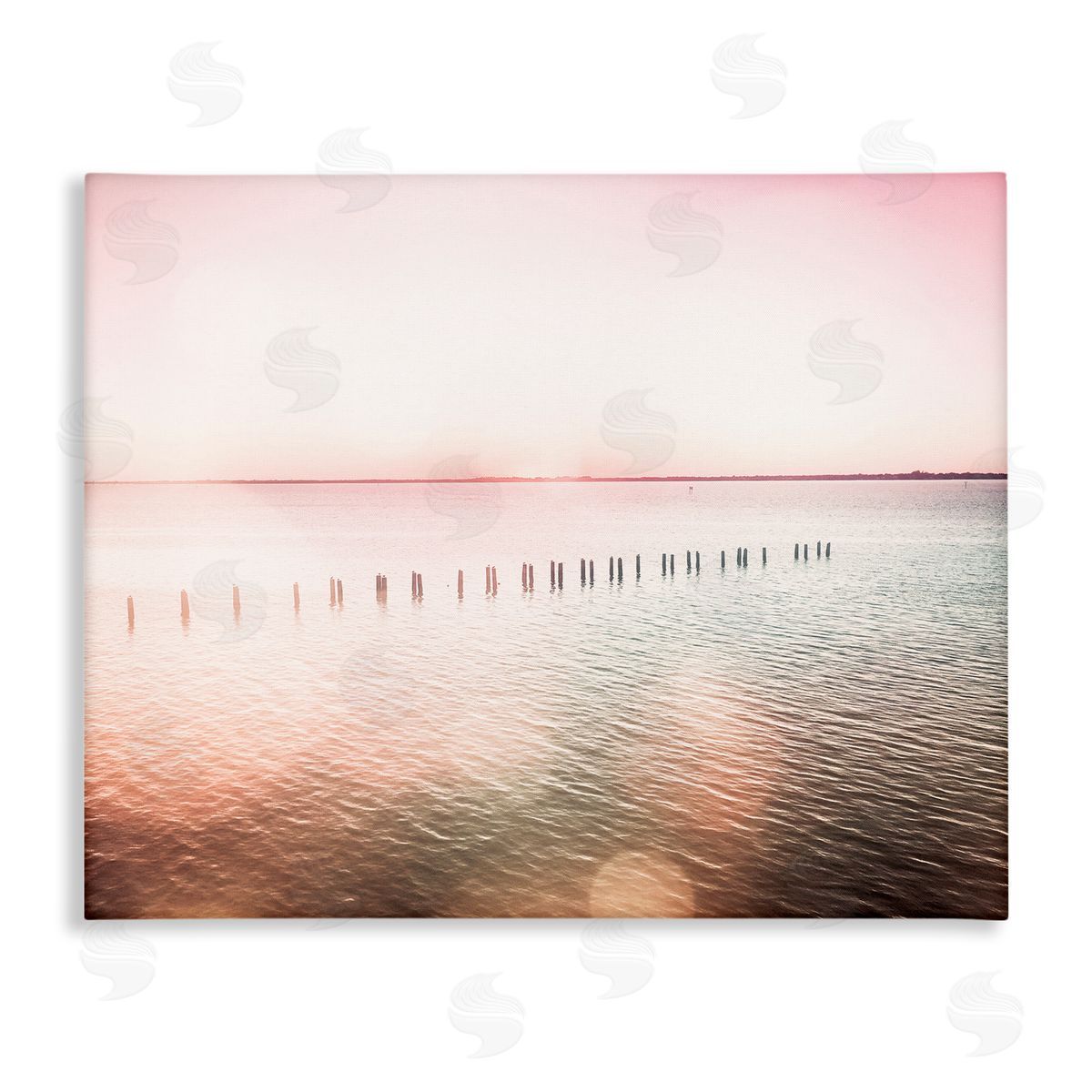 Amy Brinkman Sunny Pink Ocean Posts Horizon Round Light Rays Stretched Canvas Wall Art Print