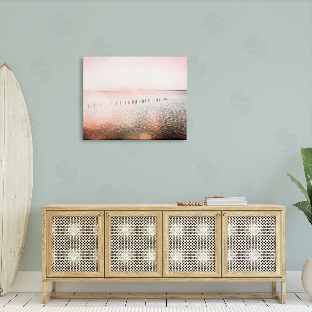 Amy Brinkman Sunny Pink Ocean Posts Horizon Round Light Rays Canvas Wall Art Print in Room