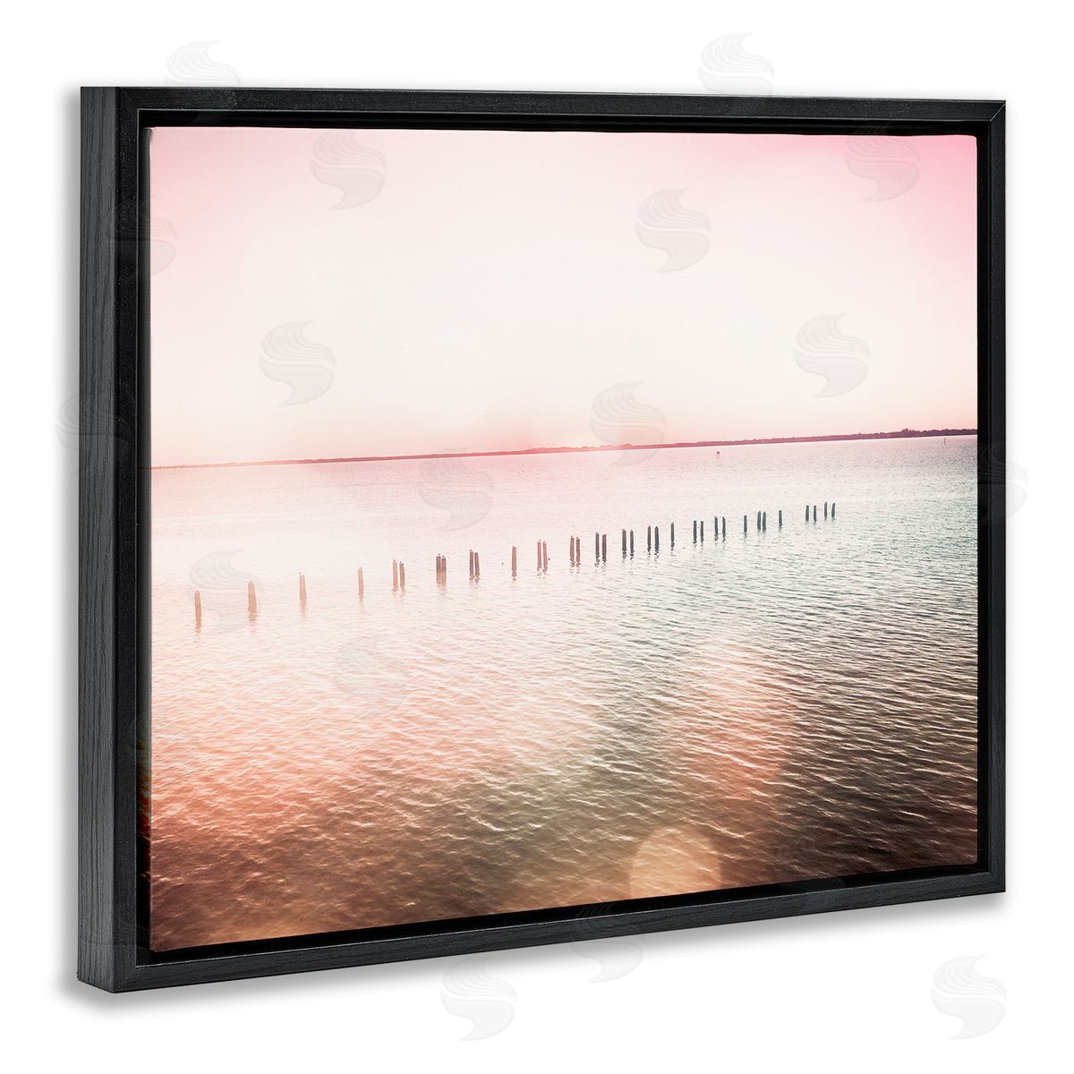 Amy Brinkman Sunny Pink Ocean Posts Horizon Round Light Rays Black Floating Frame Canvas Wall Art Print