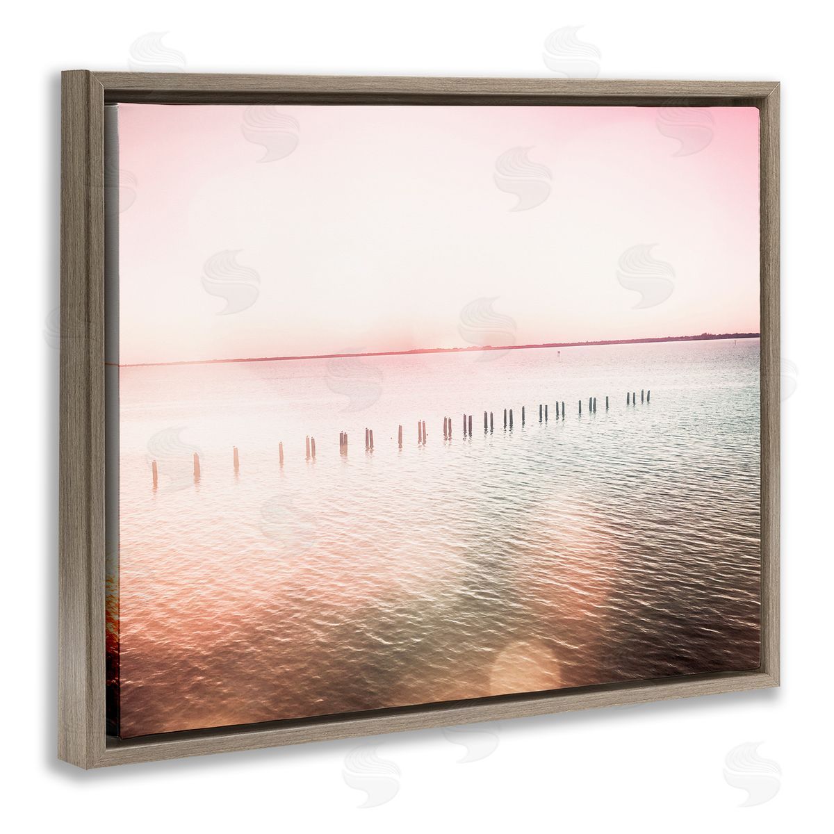 Amy Brinkman Sunny Pink Ocean Posts Horizon Round Light Rays Brown Floating Frame Canvas Wall Art Print