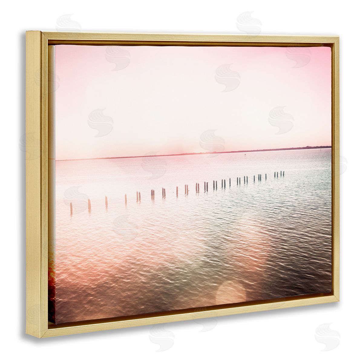 Amy Brinkman Sunny Pink Ocean Posts Horizon Round Light Rays Gold Floating Frame Canvas Wall Art Print