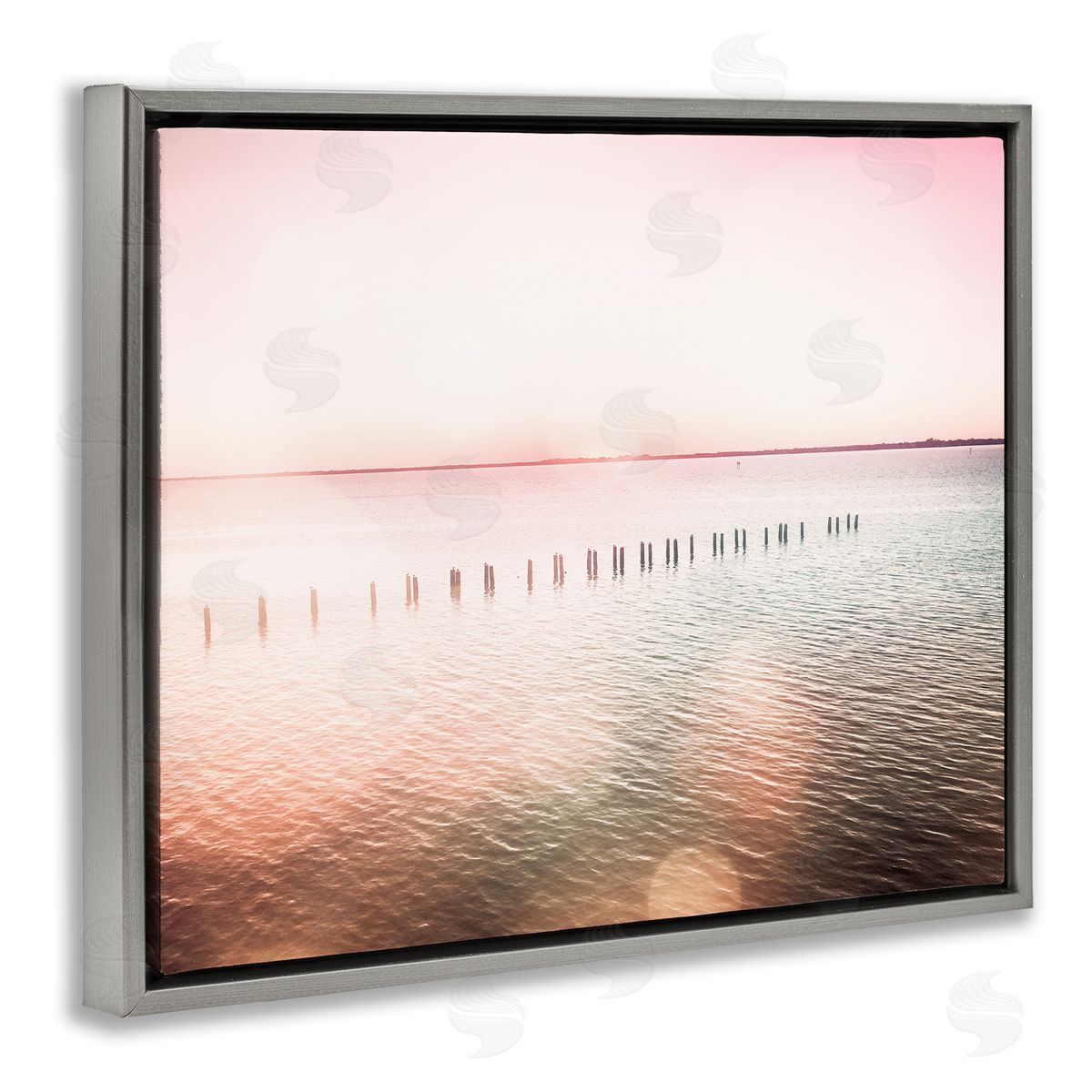 Amy Brinkman Sunny Pink Ocean Posts Horizon Round Light Rays Gray Floating Frame Canvas Wall Art Print