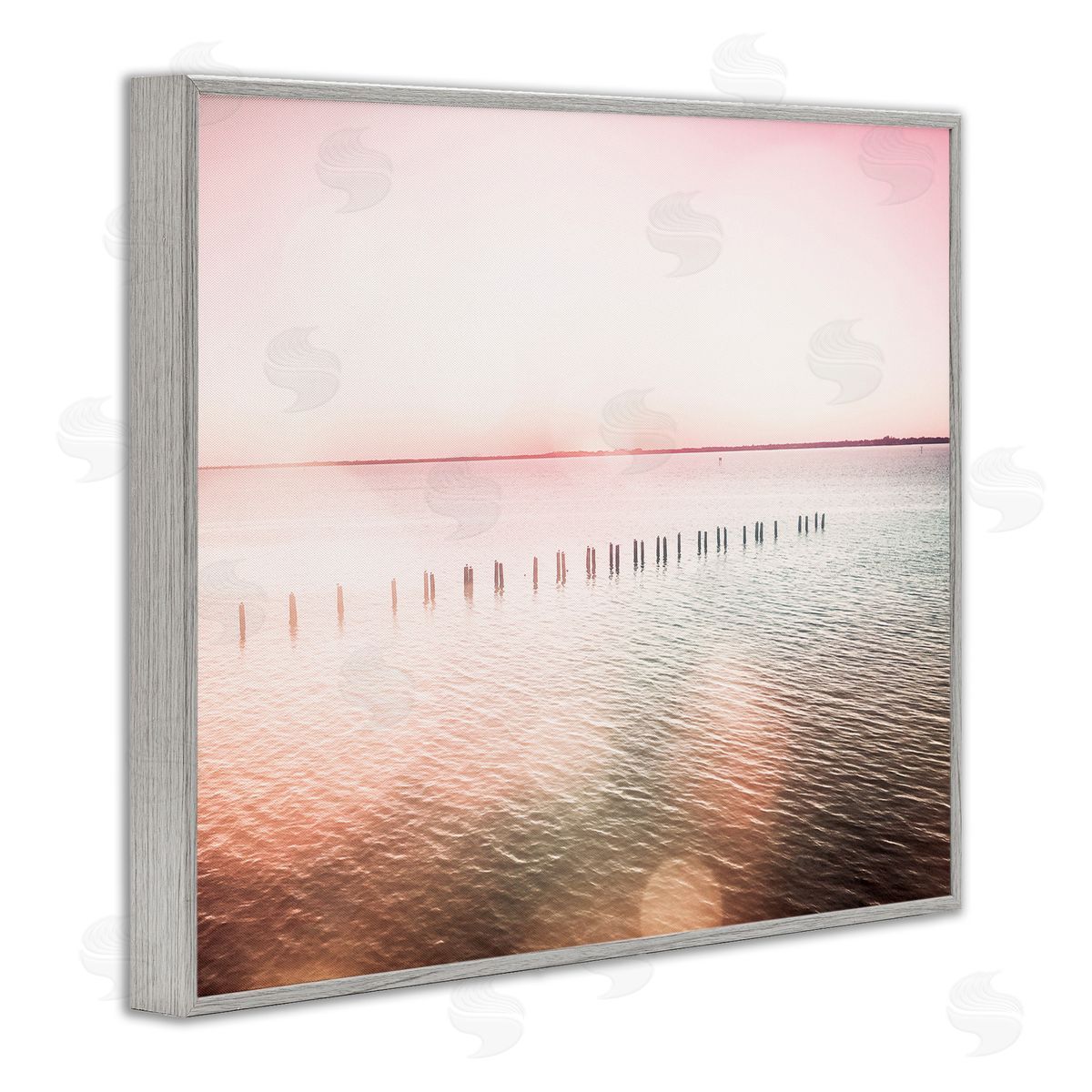 Amy Brinkman Sunny Pink Ocean Posts Horizon Round Light Rays Gray Framed Giclee Wall Art Print