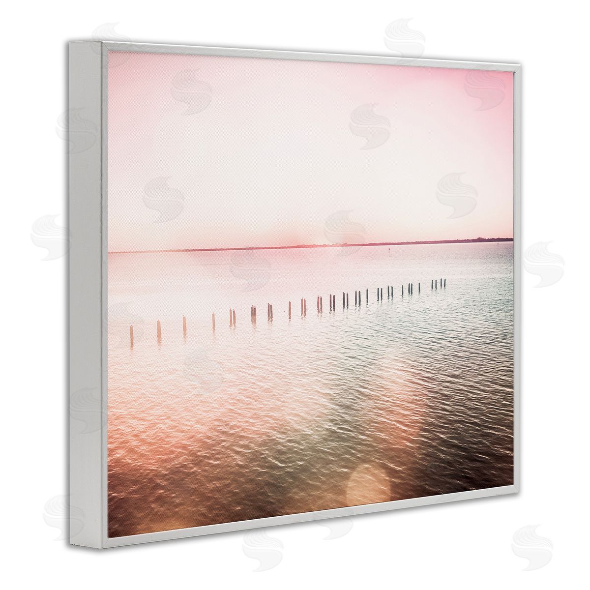 Amy Brinkman Sunny Pink Ocean Posts Horizon Round Light Rays White Framed Giclee Wall Art Print