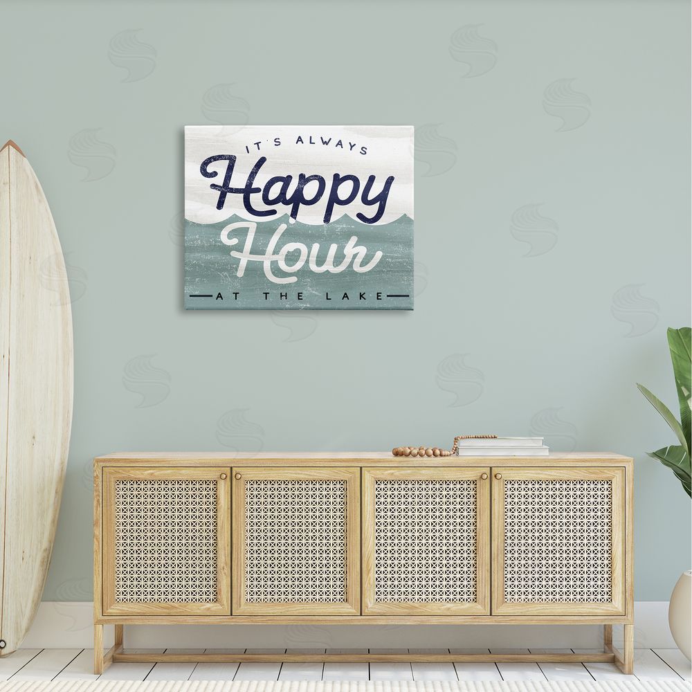 Stupell Studio Always Happy Hour Vintage Lake House Wave Signage  Canvas Wall Art Print in Room