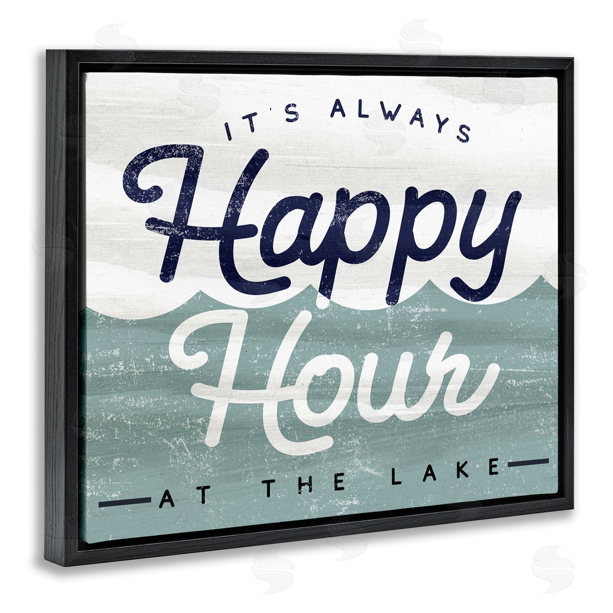 Stupell Studio Always Happy Hour Vintage Lake House Wave Signage  Black Floating Frame Canvas Wall Art Print