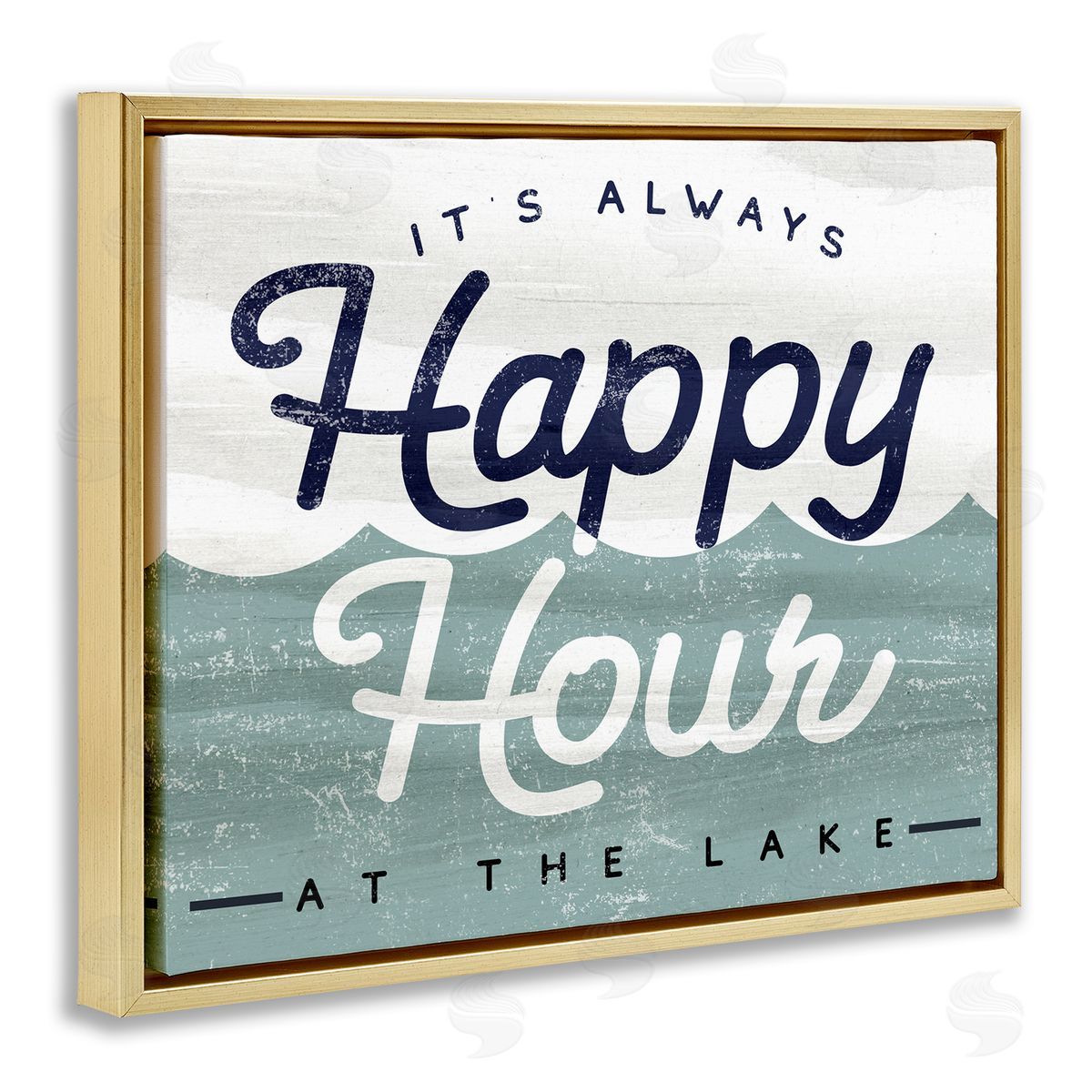 Stupell Studio Always Happy Hour Vintage Lake House Wave Signage  Gold Floating Frame Canvas Wall Art Print