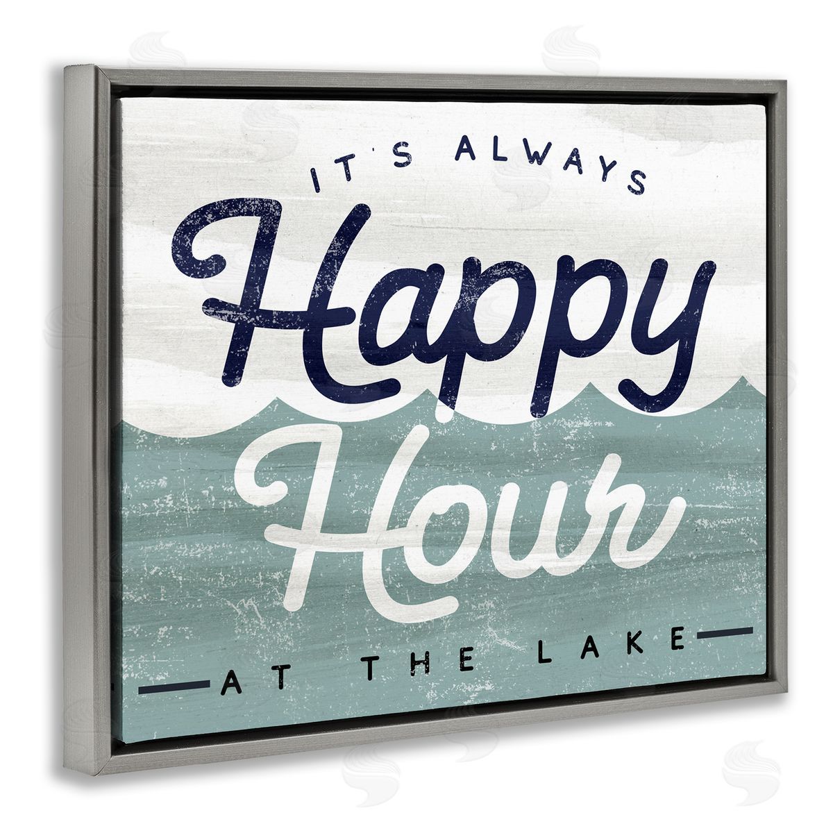 Stupell Studio Always Happy Hour Vintage Lake House Wave Signage  Gray Floating Frame Canvas Wall Art Print