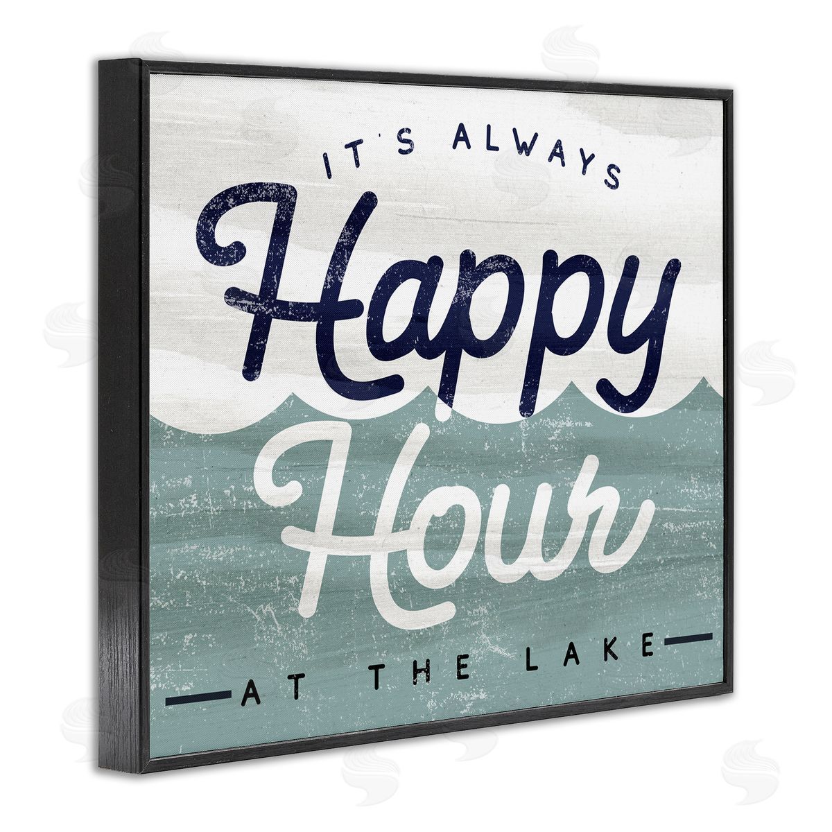 Stupell Studio Always Happy Hour Vintage Lake House Wave Signage  Black Framed Giclee Wall Art Print
