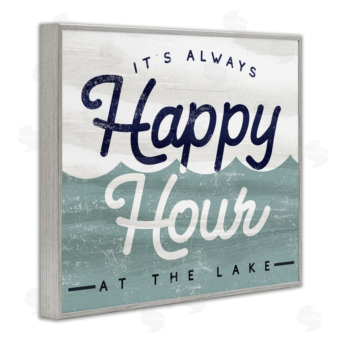 Stupell Studio Always Happy Hour Vintage Lake House Wave Signage  Gray Framed Giclee Wall Art Print