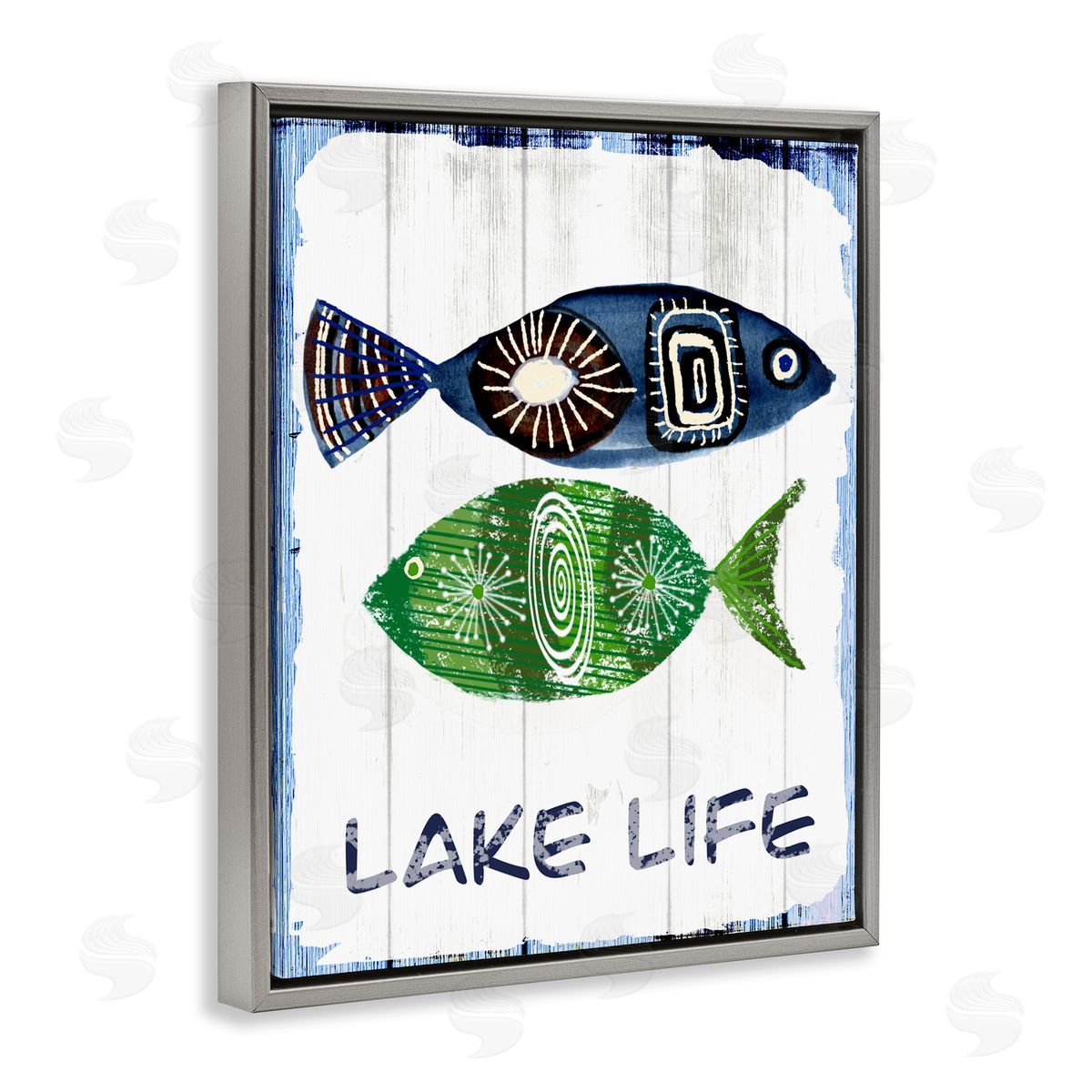 Jadei Graphics Lake Life Weathered Fish Shapes Pattern  Gray Floating Frame Canvas Wall Art Print