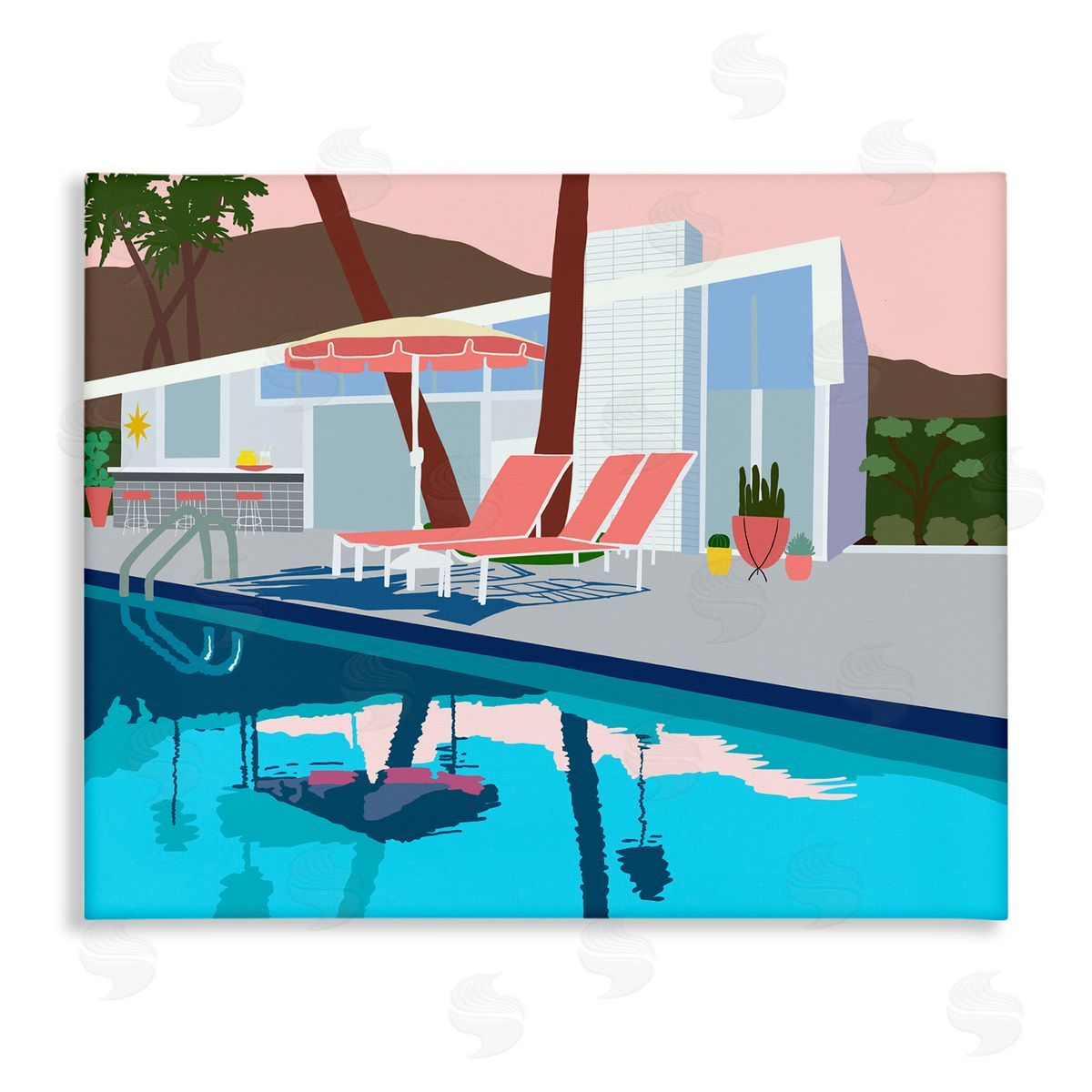 Jen Bucheli Modern Tropical Vacation Home Poolside Lounge Chairs Stretched Canvas Wall Art Print