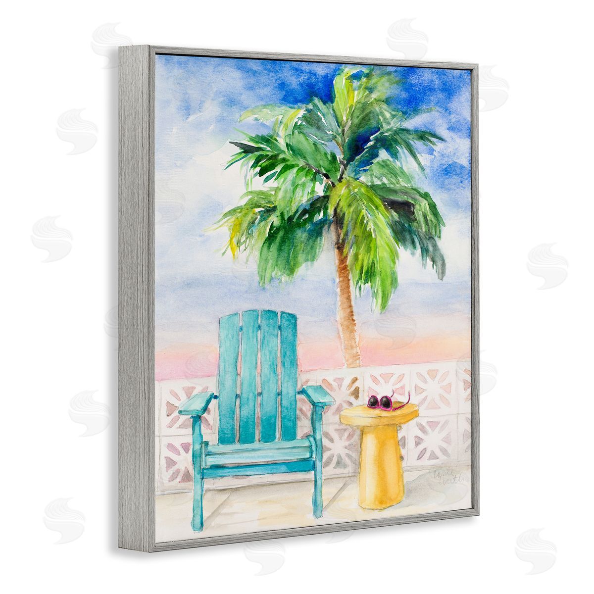 Lanie Loreth Tropical Beach Chair Palm Tree Seaside Painting  Gray Framed Giclee Wall Art Print