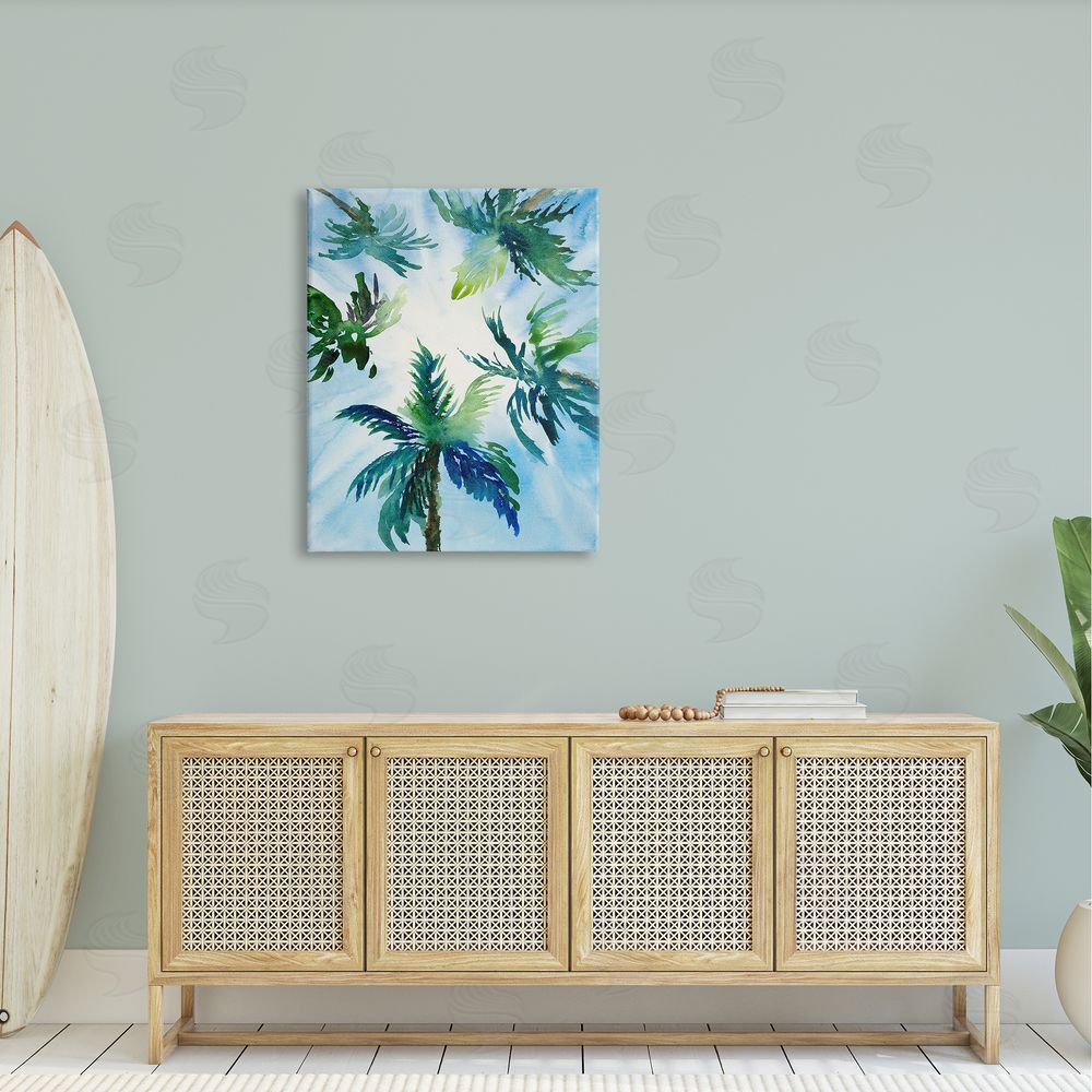 Lanie Loreth Tropical Pine Tree Leaves Overhead Sunny Blue Sky  Canvas Wall Art Print in Room