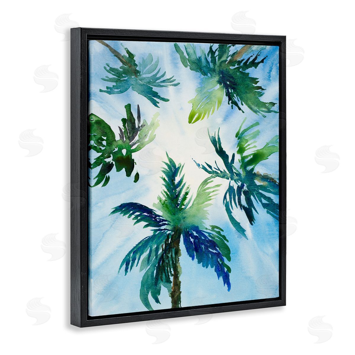 Lanie Loreth Tropical Pine Tree Leaves Overhead Sunny Blue Sky  Black Floating Frame Canvas Wall Art Print