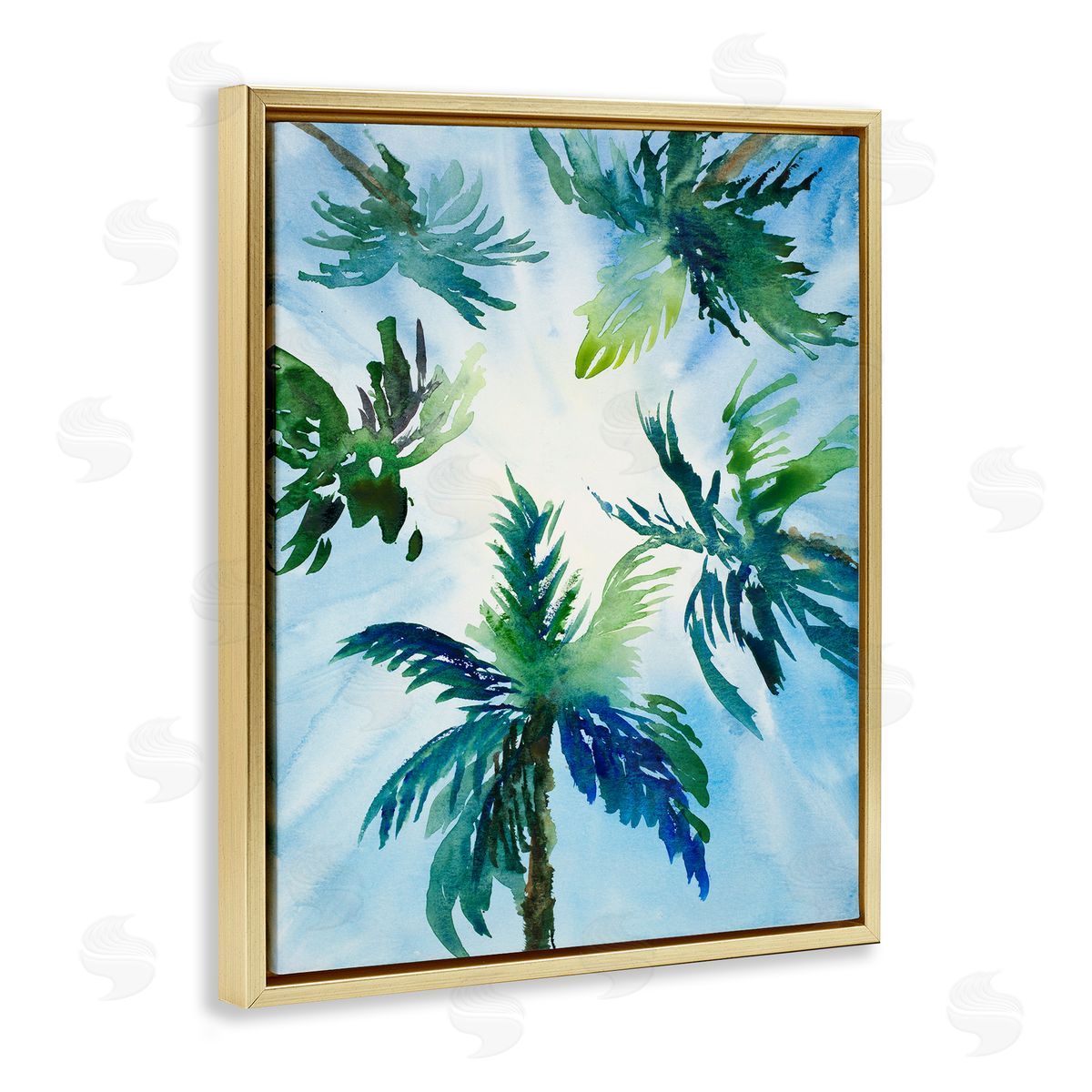 Lanie Loreth Tropical Pine Tree Leaves Overhead Sunny Blue Sky  Gold Floating Frame Canvas Wall Art Print