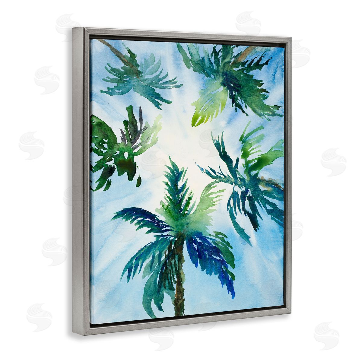 Lanie Loreth Tropical Pine Tree Leaves Overhead Sunny Blue Sky  Gray Floating Frame Canvas Wall Art Print