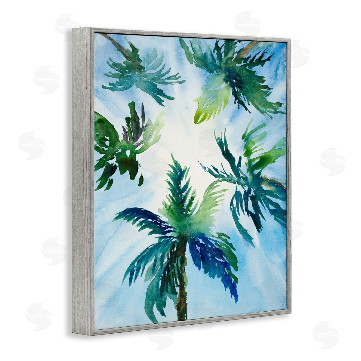 Lanie Loreth Tropical Pine Tree Leaves Overhead Sunny Blue Sky  Gray Framed Giclee Wall Art Print