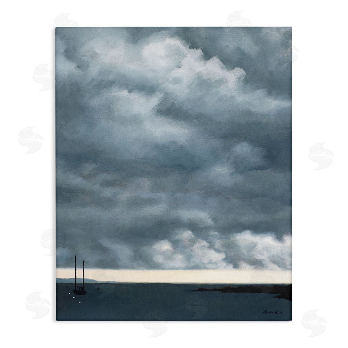 Jen Eitel Heavy Overcast Clouds Looming Ocean Water Boat  Stretched Canvas Wall Art Print