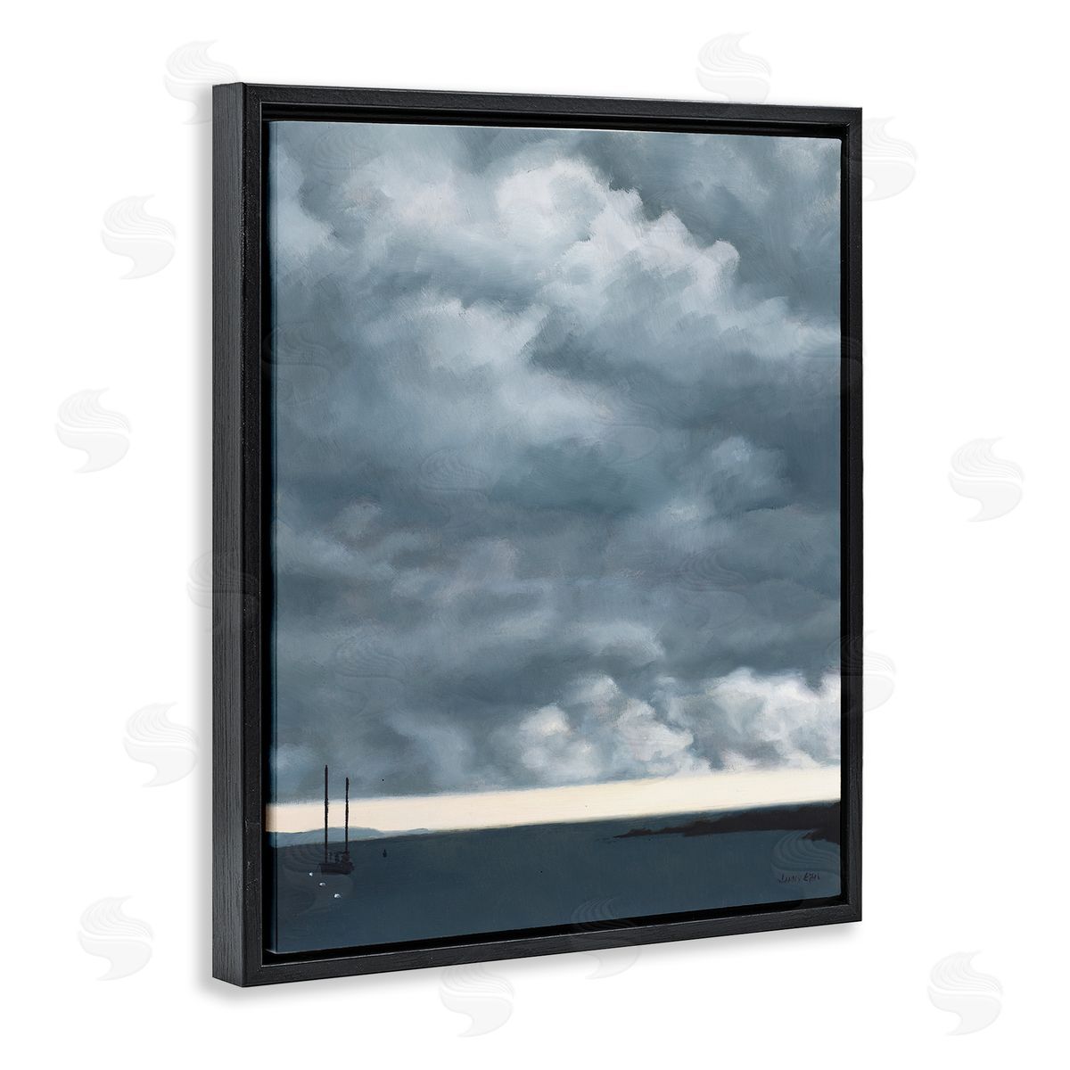 Jen Eitel Heavy Overcast Clouds Looming Ocean Water Boat  Black Floating Frame Canvas Wall Art Print