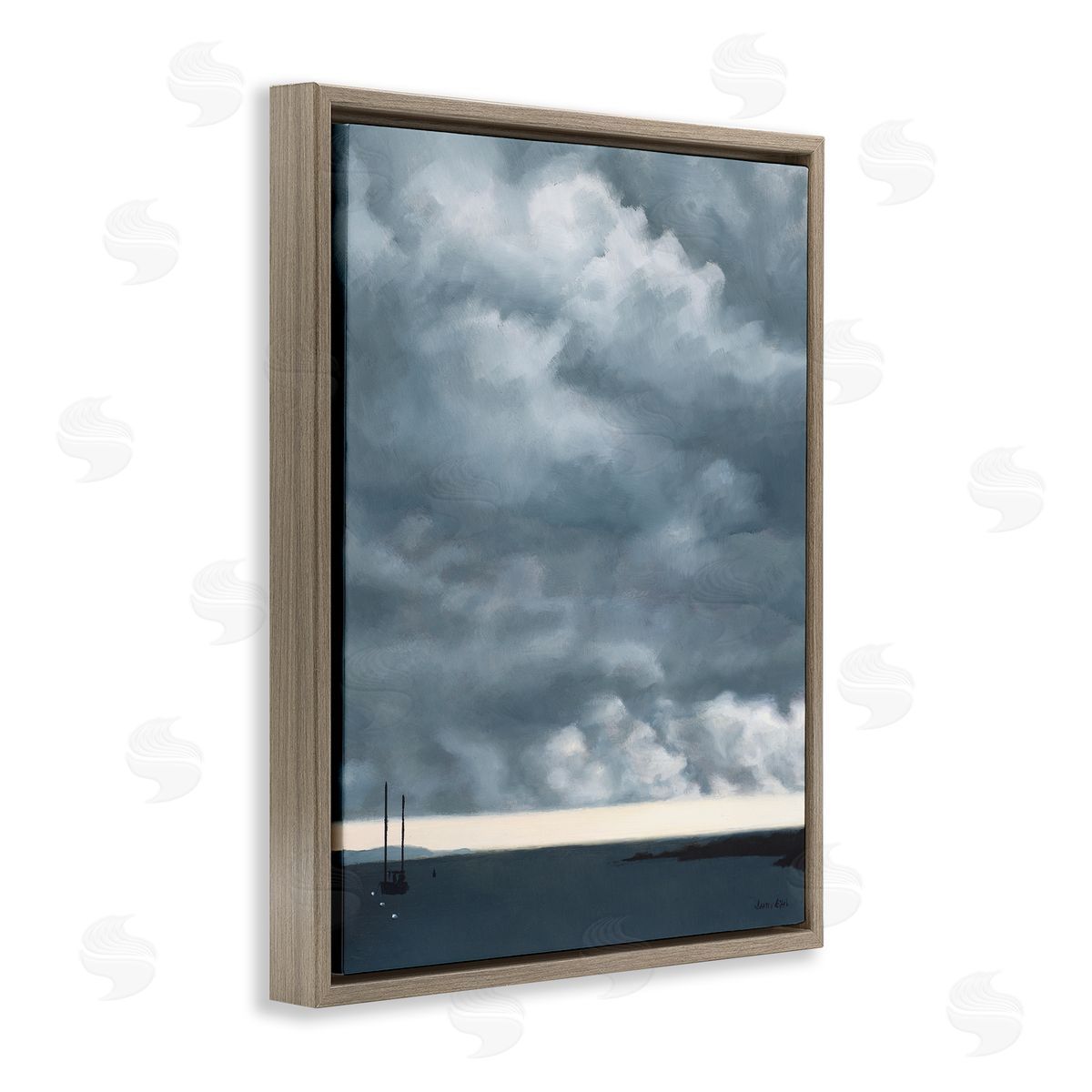 Jen Eitel Heavy Overcast Clouds Looming Ocean Water Boat  Brown Floating Frame Canvas Wall Art Print