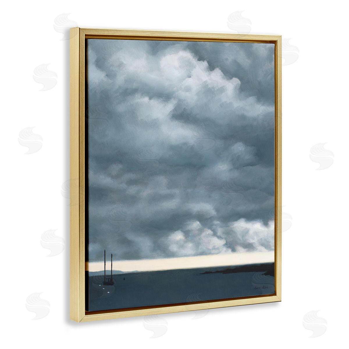 Jen Eitel Heavy Overcast Clouds Looming Ocean Water Boat  Gold Floating Frame Canvas Wall Art Print