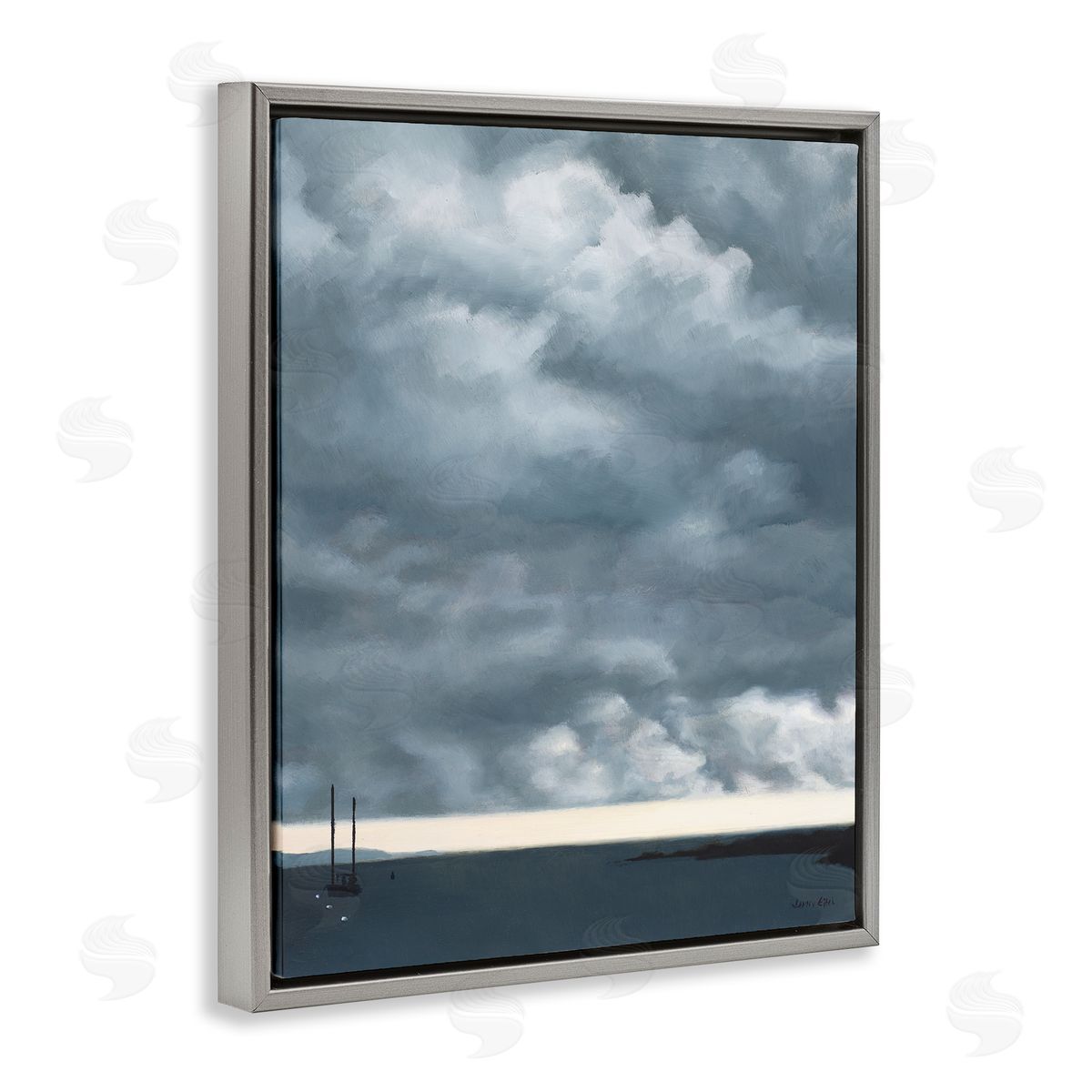 Jen Eitel Heavy Overcast Clouds Looming Ocean Water Boat  Gray Floating Frame Canvas Wall Art Print