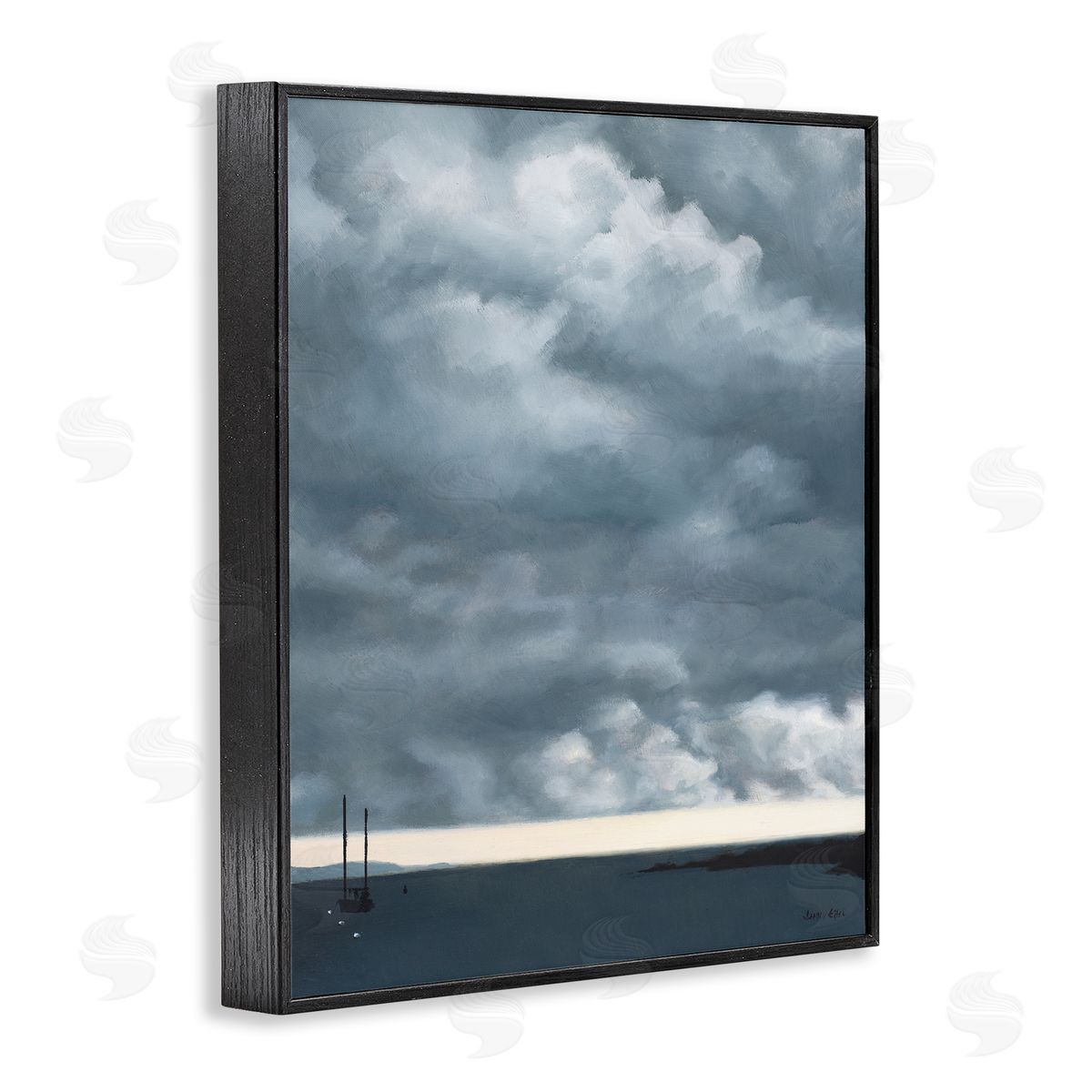 Jen Eitel Heavy Overcast Clouds Looming Ocean Water Boat  Black Framed Giclee Wall Art Print