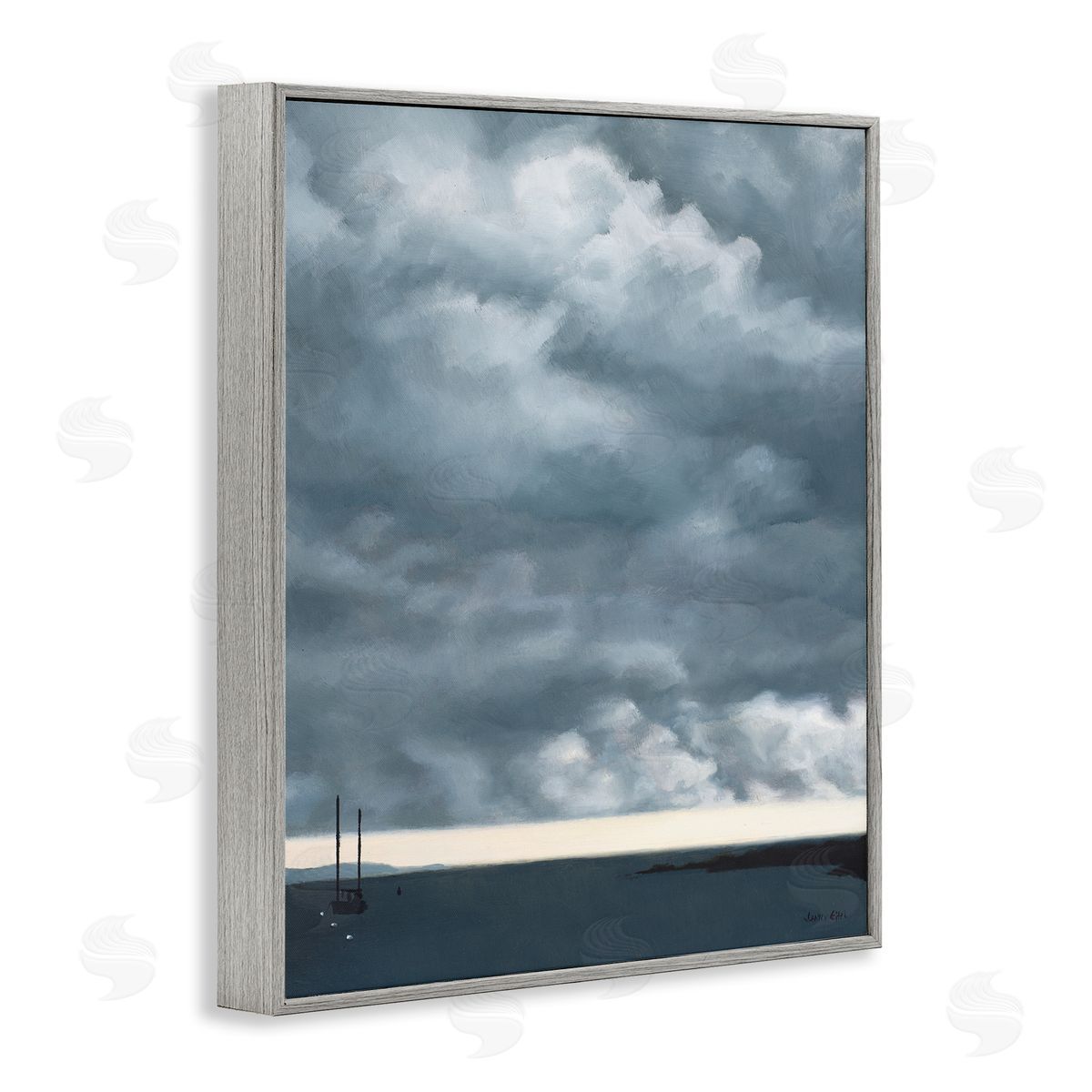 Jen Eitel Heavy Overcast Clouds Looming Ocean Water Boat  Gray Framed Giclee Wall Art Print