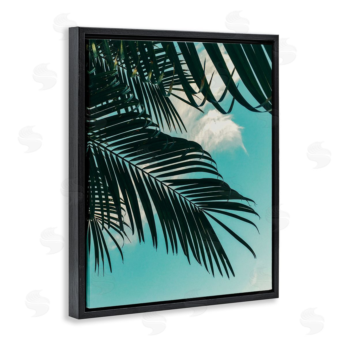 Amy Brinkman Bright Tropical Palm Tree Leaves Against Blue Sky Black Floating Frame Canvas Wall Art Print
