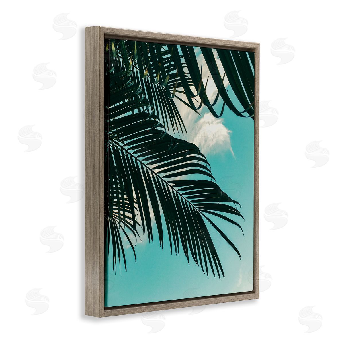 Amy Brinkman Bright Tropical Palm Tree Leaves Against Blue Sky Brown Floating Frame Canvas Wall Art Print
