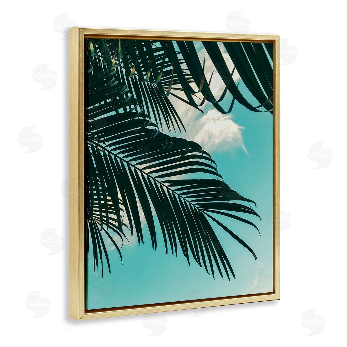 Amy Brinkman Bright Tropical Palm Tree Leaves Against Blue Sky Gold Floating Frame Canvas Wall Art Print