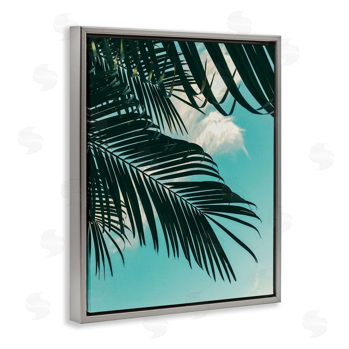 Amy Brinkman Bright Tropical Palm Tree Leaves Against Blue Sky Gray Floating Frame Canvas Wall Art Print