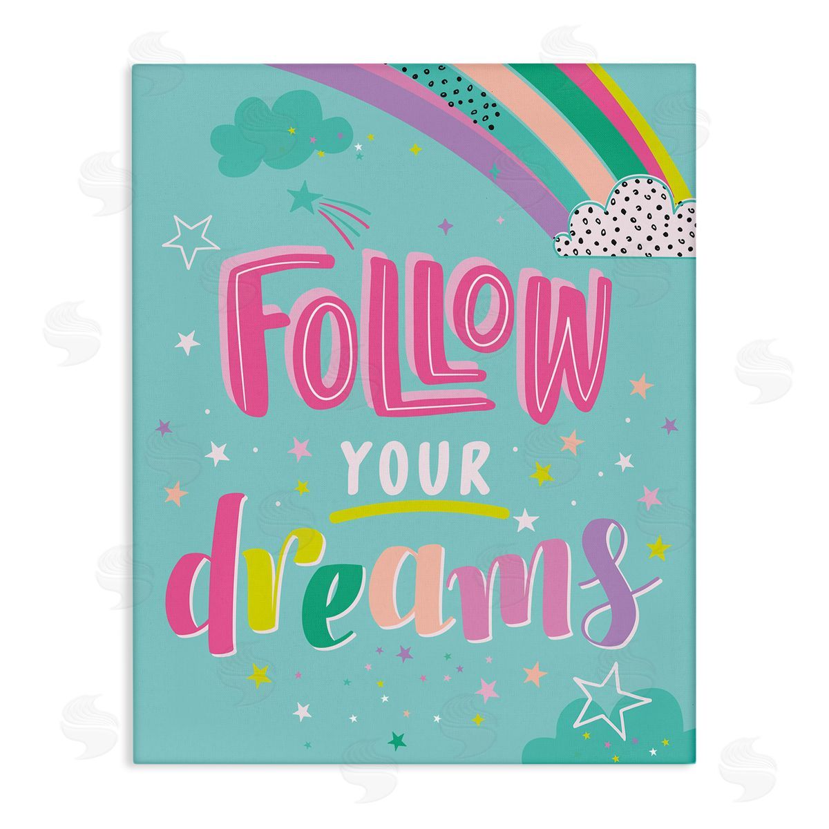 Angela Nickeas Follow Your Dreams Bright Whimsical Patterned Rainbow Stars Stretched Canvas Wall Art Print