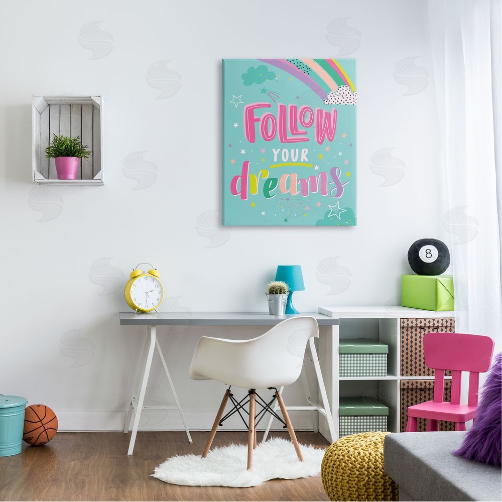 Angela Nickeas Follow Your Dreams Bright Whimsical Patterned Rainbow Stars Canvas Wall Art Print in Room