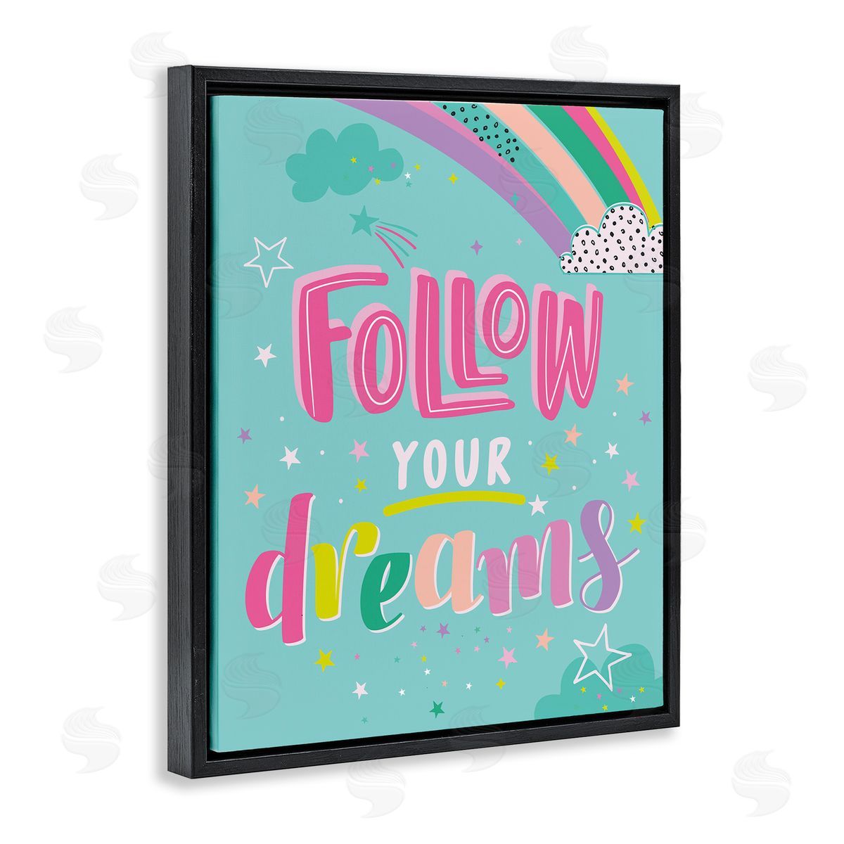 Angela Nickeas Follow Your Dreams Bright Whimsical Patterned Rainbow Stars Black Floating Frame Canvas Wall Art Print