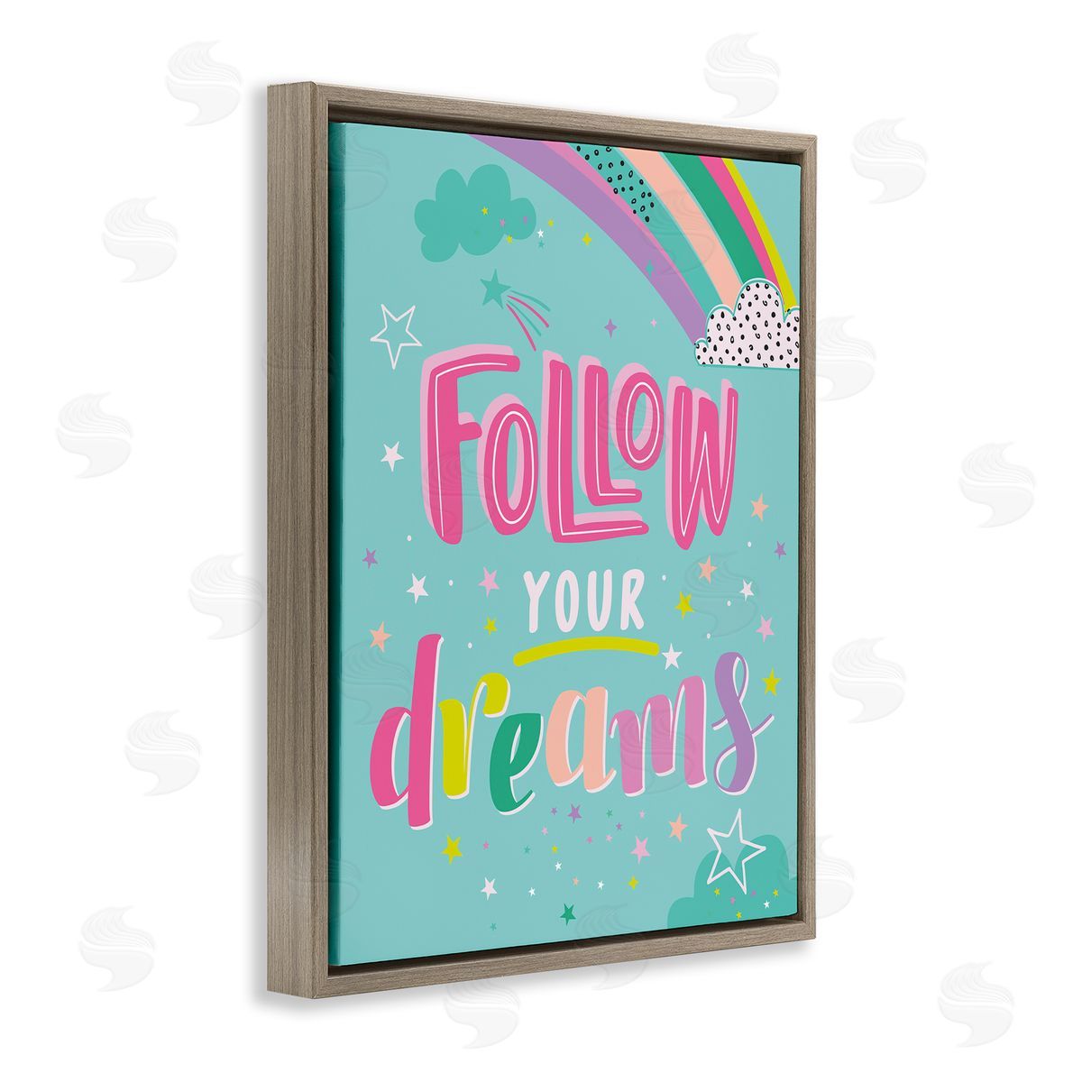 Angela Nickeas Follow Your Dreams Bright Whimsical Patterned Rainbow Stars Brown Floating Frame Canvas Wall Art Print