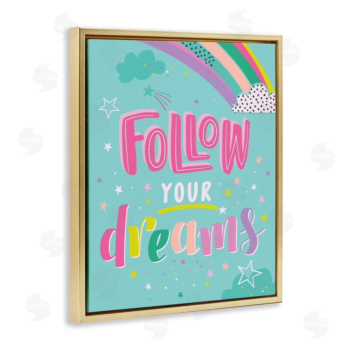 Angela Nickeas Follow Your Dreams Bright Whimsical Patterned Rainbow Stars Gold Floating Frame Canvas Wall Art Print
