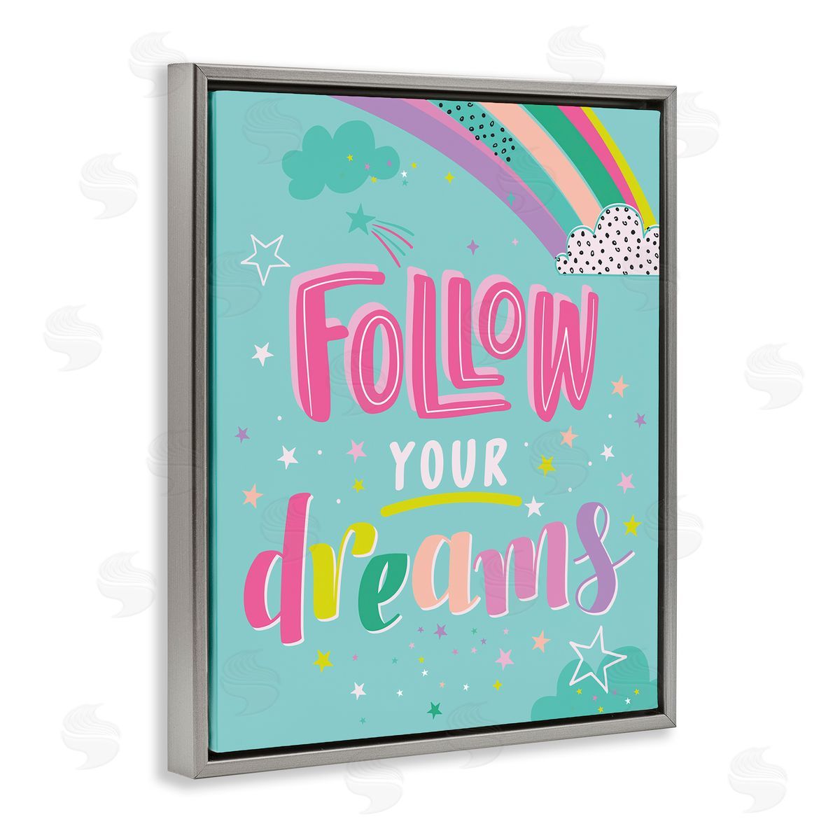 Angela Nickeas Follow Your Dreams Bright Whimsical Patterned Rainbow Stars Gray Floating Frame Canvas Wall Art Print